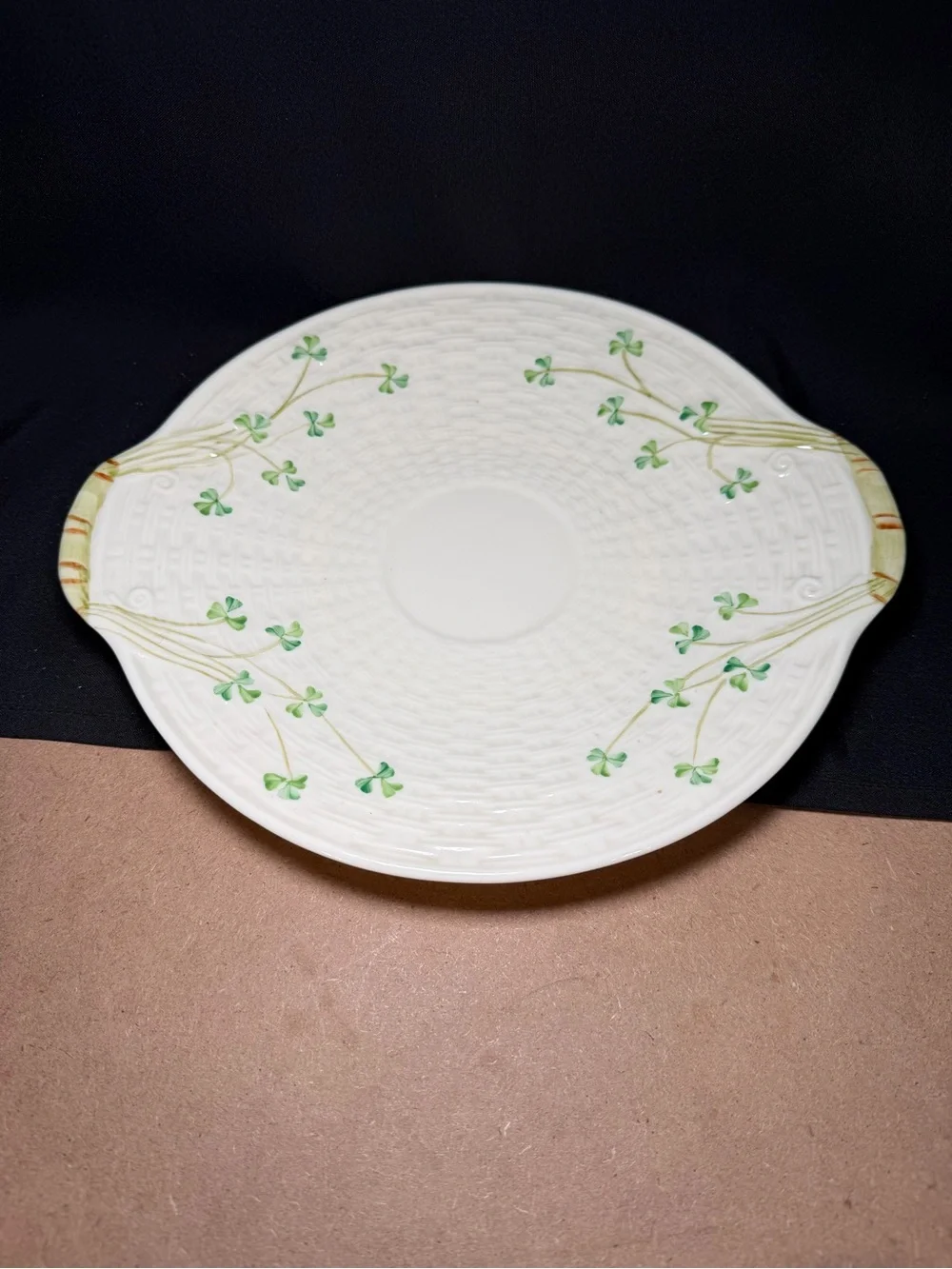 Vintage Belleek Shamrock Basket Weave Round Cake Plate Serving Tray Gold Mark